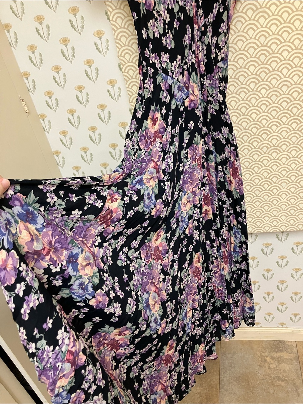 Vintage Black Maxi Dress with Purple Floral Print - Picture 4 of 4